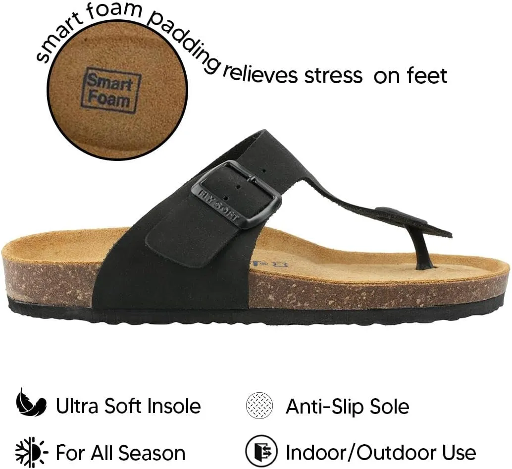 100% Genuine Leather Men's Sandals - Comfortable Cushioned Smart Foam Footbed, Slip-On Slides for Casual Summer Wear, Adjustable Fit, Durable Non-Slip Sole