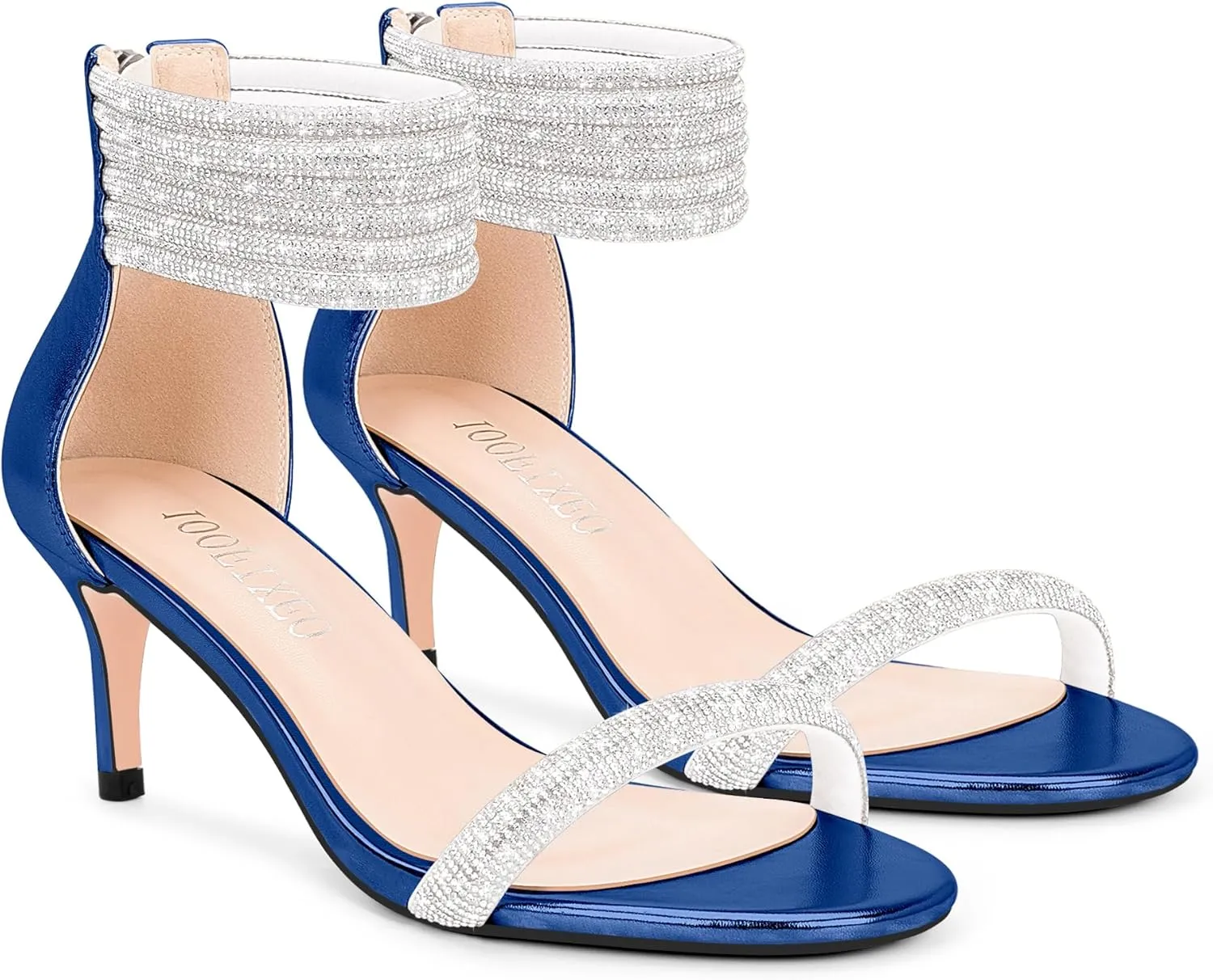 100FIXEO Rhinestone Embellishment Stiletto Heels Sandals Open Toe Ankle Strap Wedding Dress Shoes
