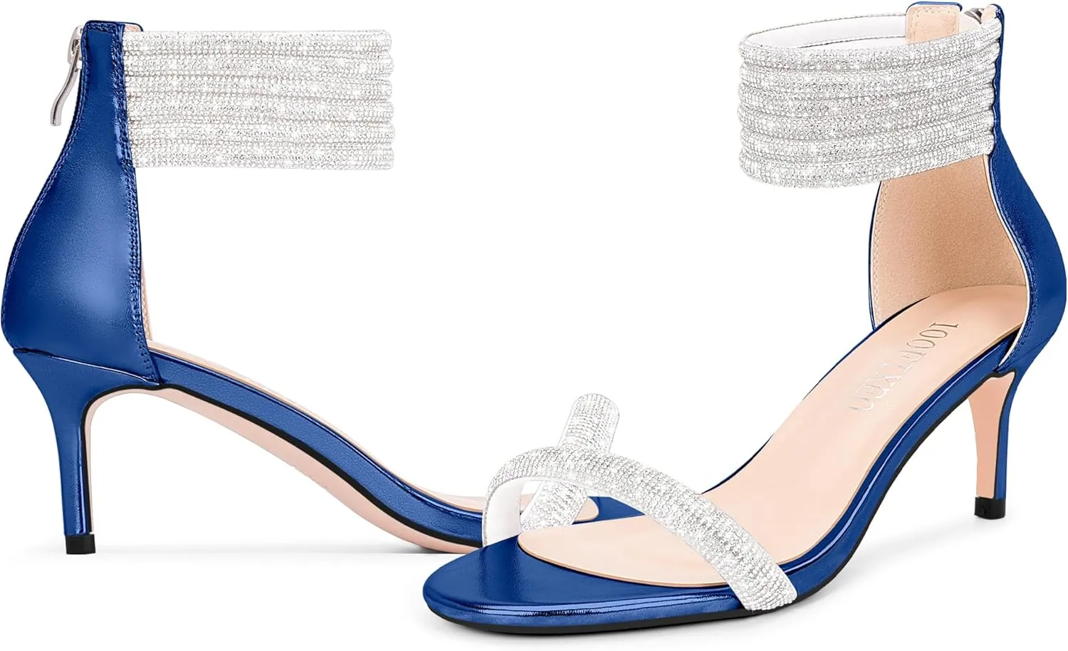 100FIXEO Rhinestone Embellishment Stiletto Heels Sandals Open Toe Ankle Strap Wedding Dress Shoes