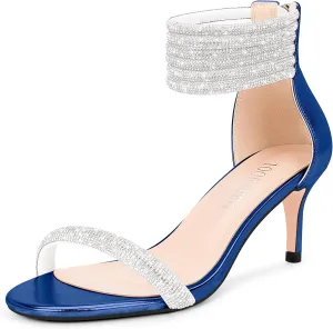 100FIXEO Rhinestone Embellishment Stiletto Heels Sandals Open Toe Ankle Strap Wedding Dress Shoes