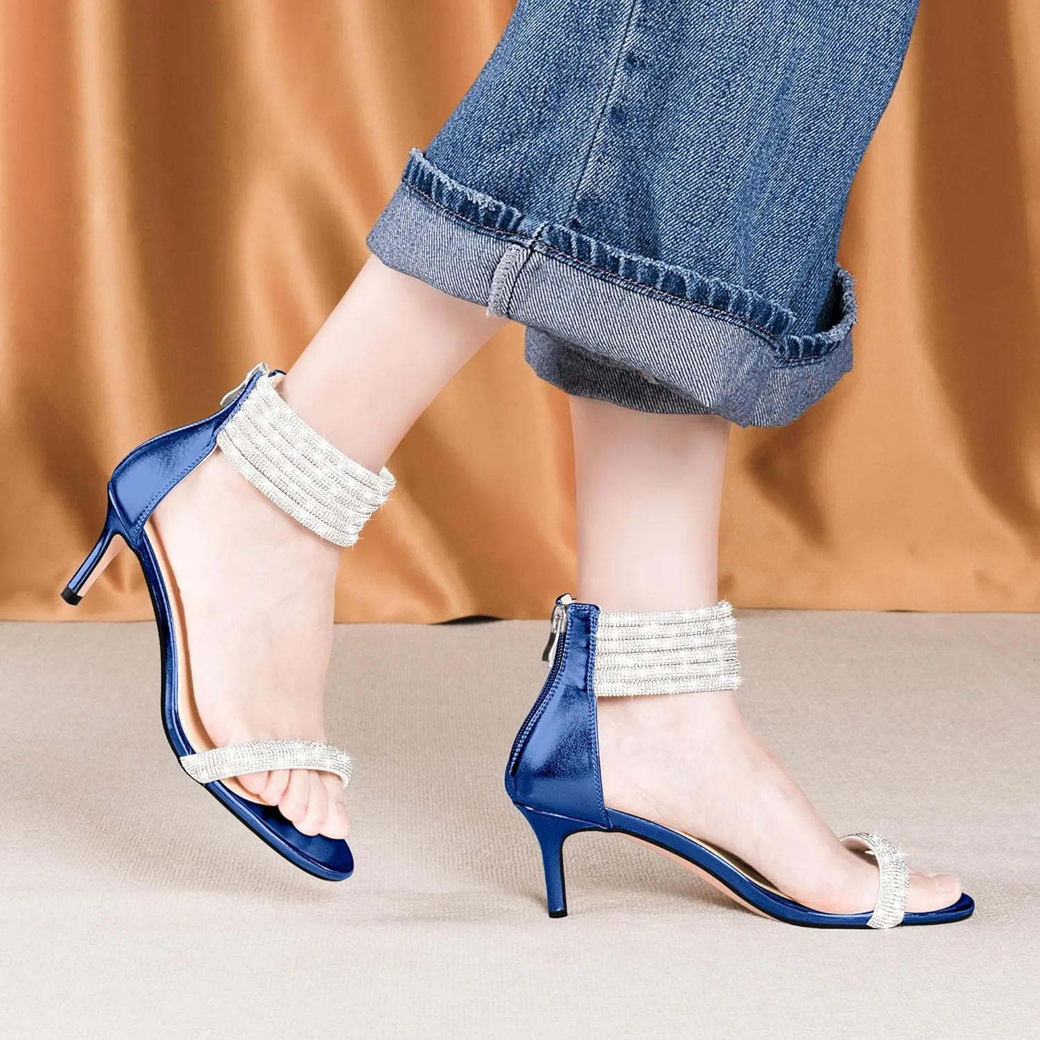 100FIXEO Rhinestone Embellishment Stiletto Heels Sandals Open Toe Ankle Strap Wedding Dress Shoes