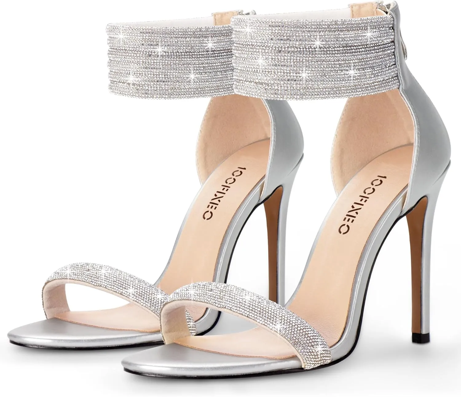 100FIXEO Sexy High Heeled Rhinestone Sandals Elegant Open Toe ankle strap Stiletto Heel Wedding Dress Shoes