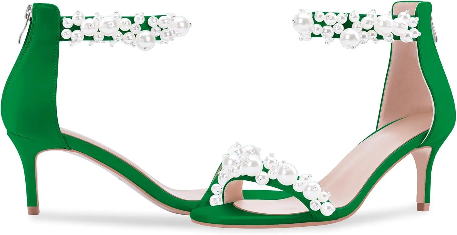 100FIXEO Women's Pearl Low Kitten Heel Ankle Strap Heeled Sandals Open Toe Wedding Bride Dress Shoes