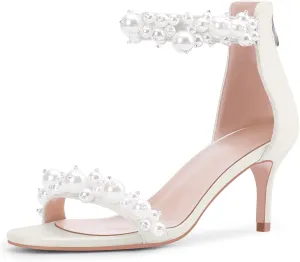 100FIXEO Women's Pearl Low Kitten Heel Ankle Strap Heeled Sandals Open Toe Wedding Bride Dress Shoes