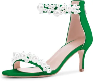 100FIXEO Women's Pearl Low Kitten Heel Ankle Strap Heeled Sandals Open Toe Wedding Bride Dress Shoes