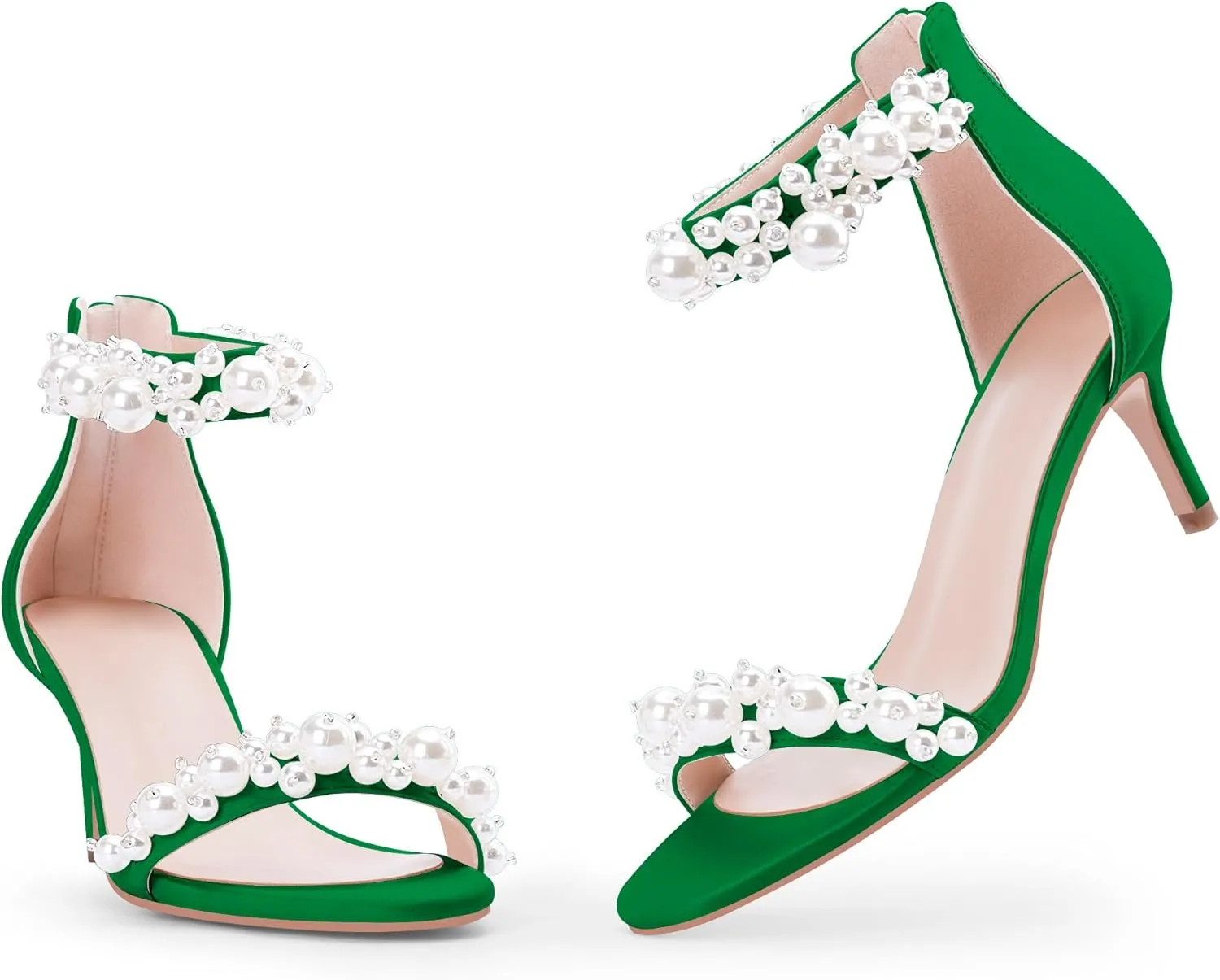 100FIXEO Women's Pearl Low Kitten Heel Ankle Strap Heeled Sandals Open Toe Wedding Bride Dress Shoes