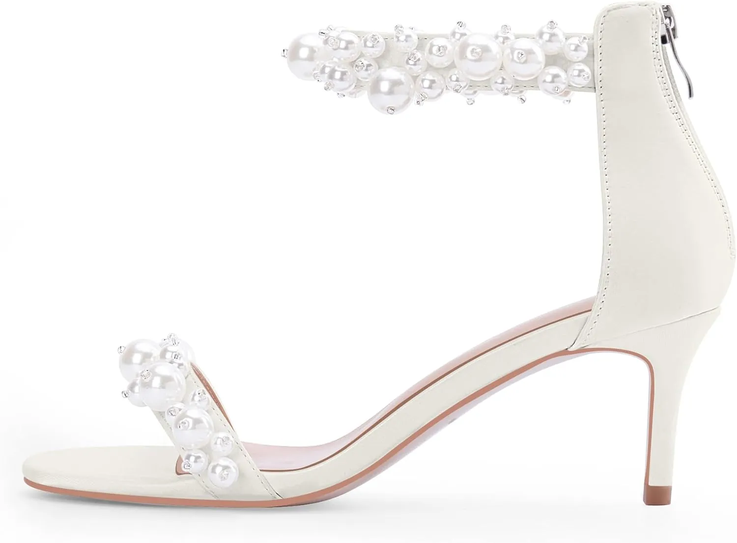 100FIXEO Women's Pearl Low Kitten Heel Ankle Strap Heeled Sandals Open Toe Wedding Bride Dress Shoes