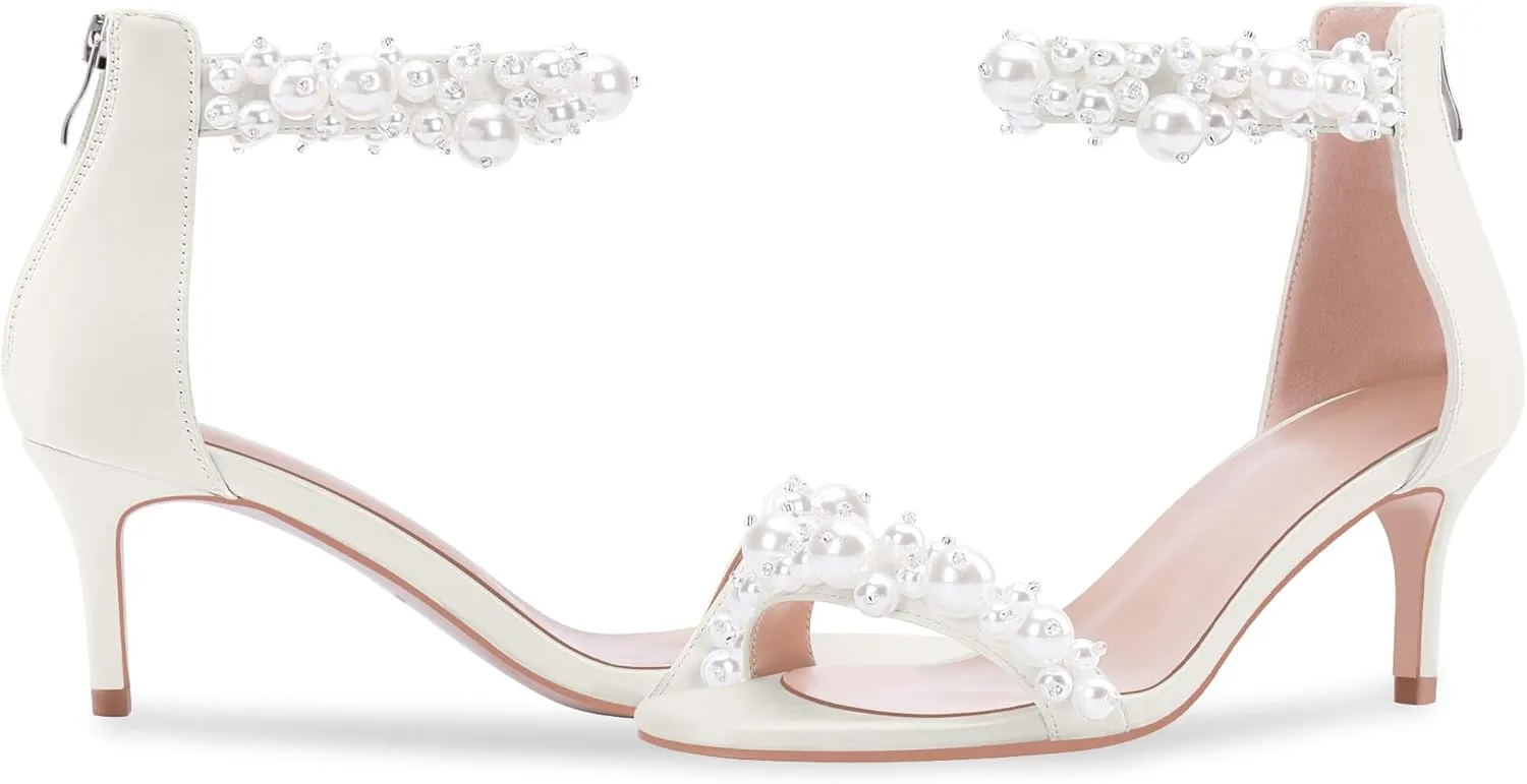 100FIXEO Women's Pearl Low Kitten Heel Ankle Strap Heeled Sandals Open Toe Wedding Bride Dress Shoes