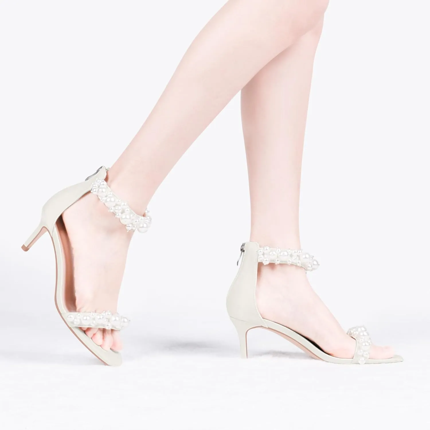 100FIXEO Women's Pearl Low Kitten Heel Ankle Strap Heeled Sandals Open Toe Wedding Bride Dress Shoes