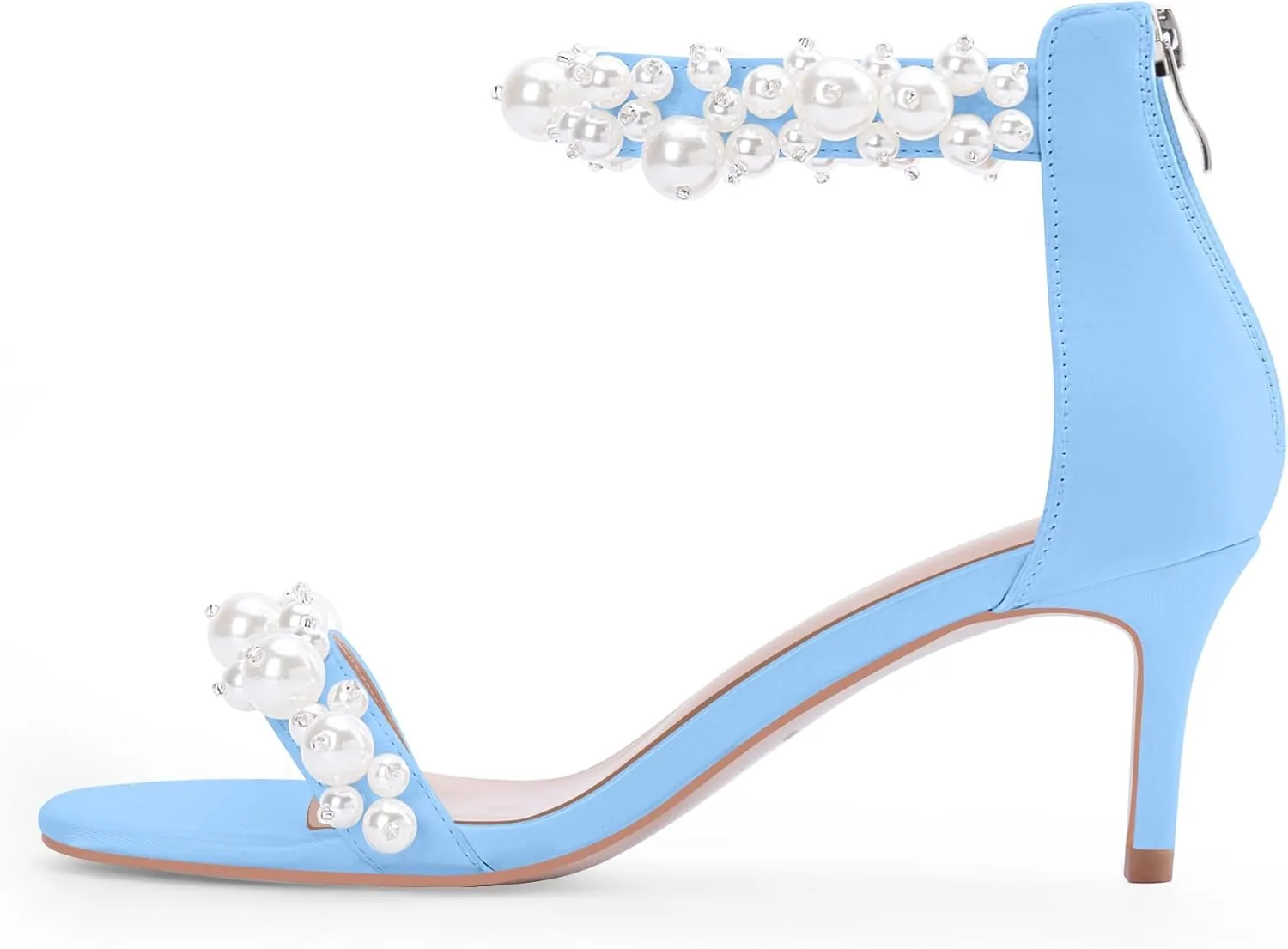 100FIXEO Women's Pearl Low Kitten Heel Ankle Strap Heeled Sandals Open Toe Wedding Bride Dress Shoes