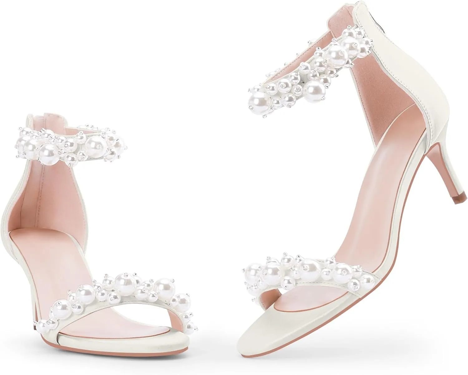 100FIXEO Women's Pearl Low Kitten Heel Ankle Strap Heeled Sandals Open Toe Wedding Bride Dress Shoes