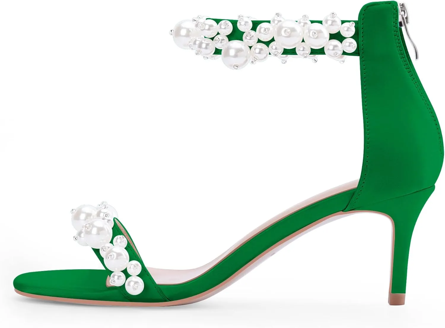 100FIXEO Women's Pearl Low Kitten Heel Ankle Strap Heeled Sandals Open Toe Wedding Bride Dress Shoes