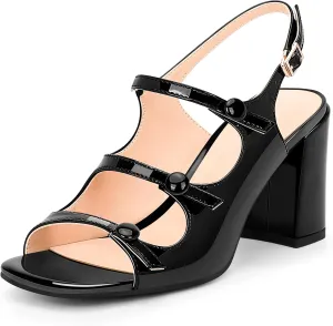 100FIXEO Women's Slingback Block Chunky Heel Sandals Square Open Toe Dress Shoes