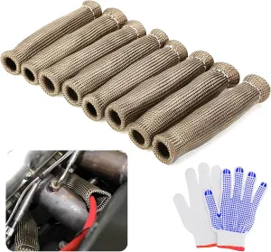 8PCS Titanium Spark Plug Wire Boots Heat Shield Protector Sleeve Cover for BBC SBC 350 454, 1200 Degree Fahrenheit Heat Shield Cover Wrap with a Pair Gloves for Car Truck