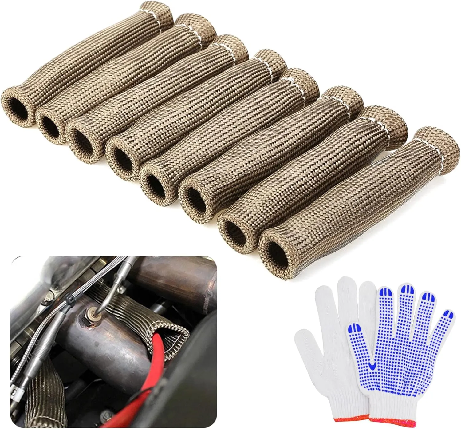 8PCS Titanium Spark Plug Wire Boots Heat Shield Protector Sleeve Cover for BBC SBC 350 454, 1200 Degree Fahrenheit Heat Shield Cover Wrap with a Pair Gloves for Car Truck