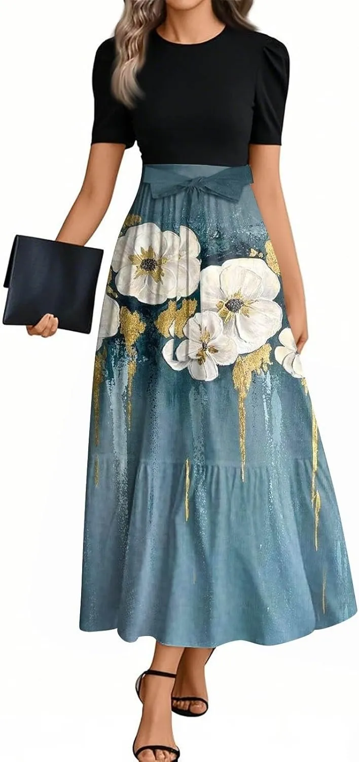 A Line Dresses for Women 2025 Elegant Classy Empire Waist Short Sleeve Wedding Guest Dress Summer Work Wrap Sundress