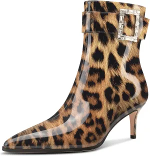 Aachcol Womens Kitten Heel Ankle Boots Pointed Toe Buckle Rhinestone Crystal Mid Calf Zipper 2.6 Inches Heels Patent Leather Dress Short Booties