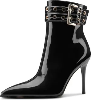 Aachcol Womens Pointed Toe Stiletto Heel Buckle Ankle Boots Patent Leather High Heel Mid Calf Zipper 4 Inches Heels Booties