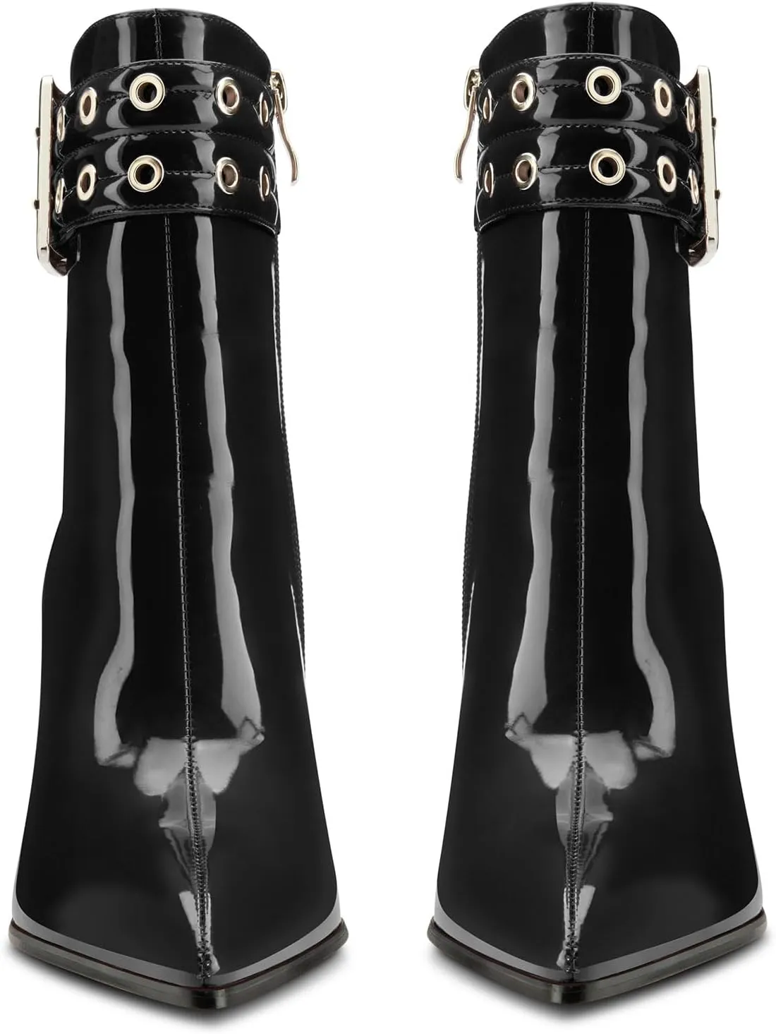Aachcol Womens Pointed Toe Stiletto Heel Buckle Ankle Boots Patent Leather High Heel Mid Calf Zipper 4 Inches Heels Booties