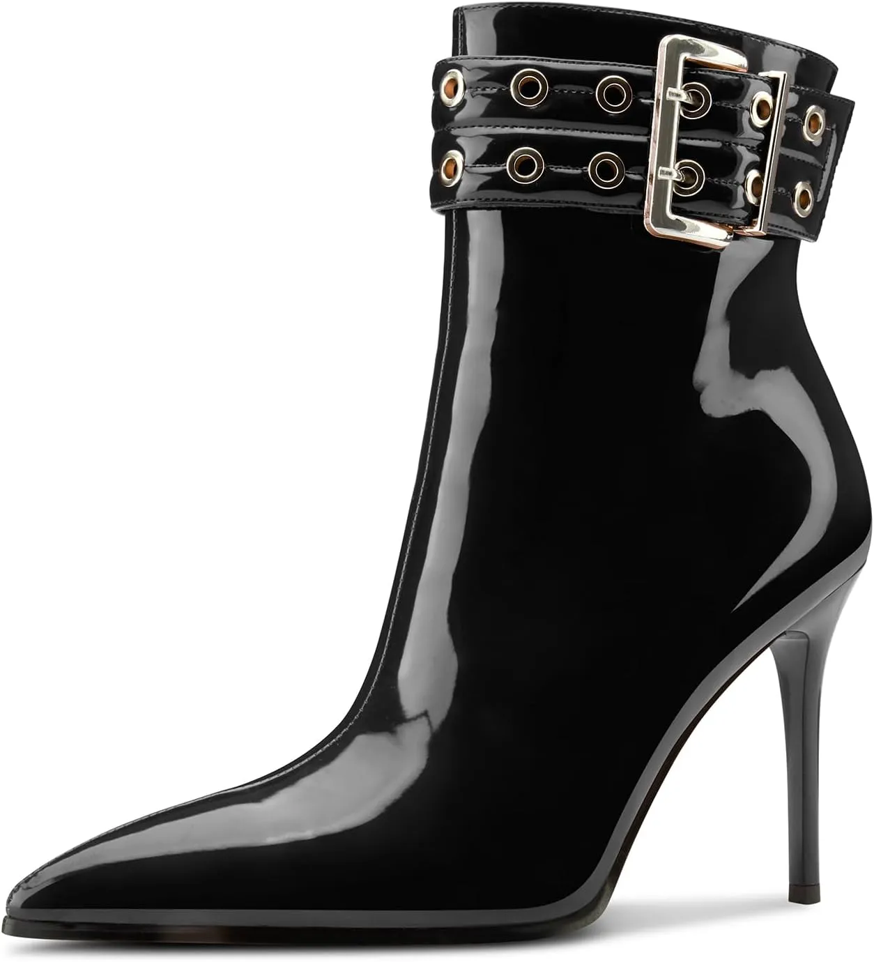 Aachcol Womens Pointed Toe Stiletto Heel Buckle Ankle Boots Patent Leather High Heel Mid Calf Zipper 4 Inches Heels Booties