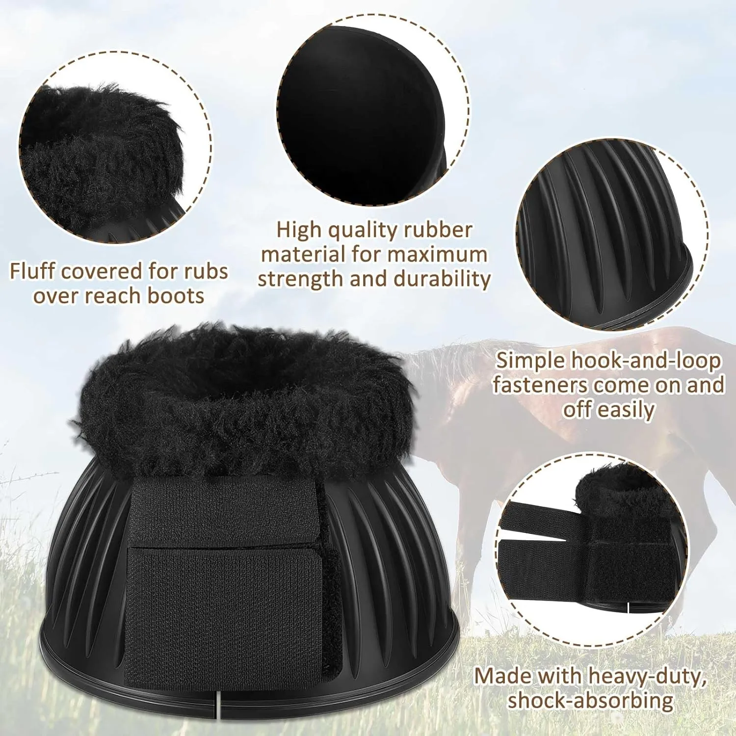 Abbylike 1 Pair Horse Bell Boots Protect Against Hoof Impact Trauma Rubber Bell Boots Black Horse Care for Turnout No Rub Design Comfort Quick Wrap Hook and Loop(Fluffy,M)