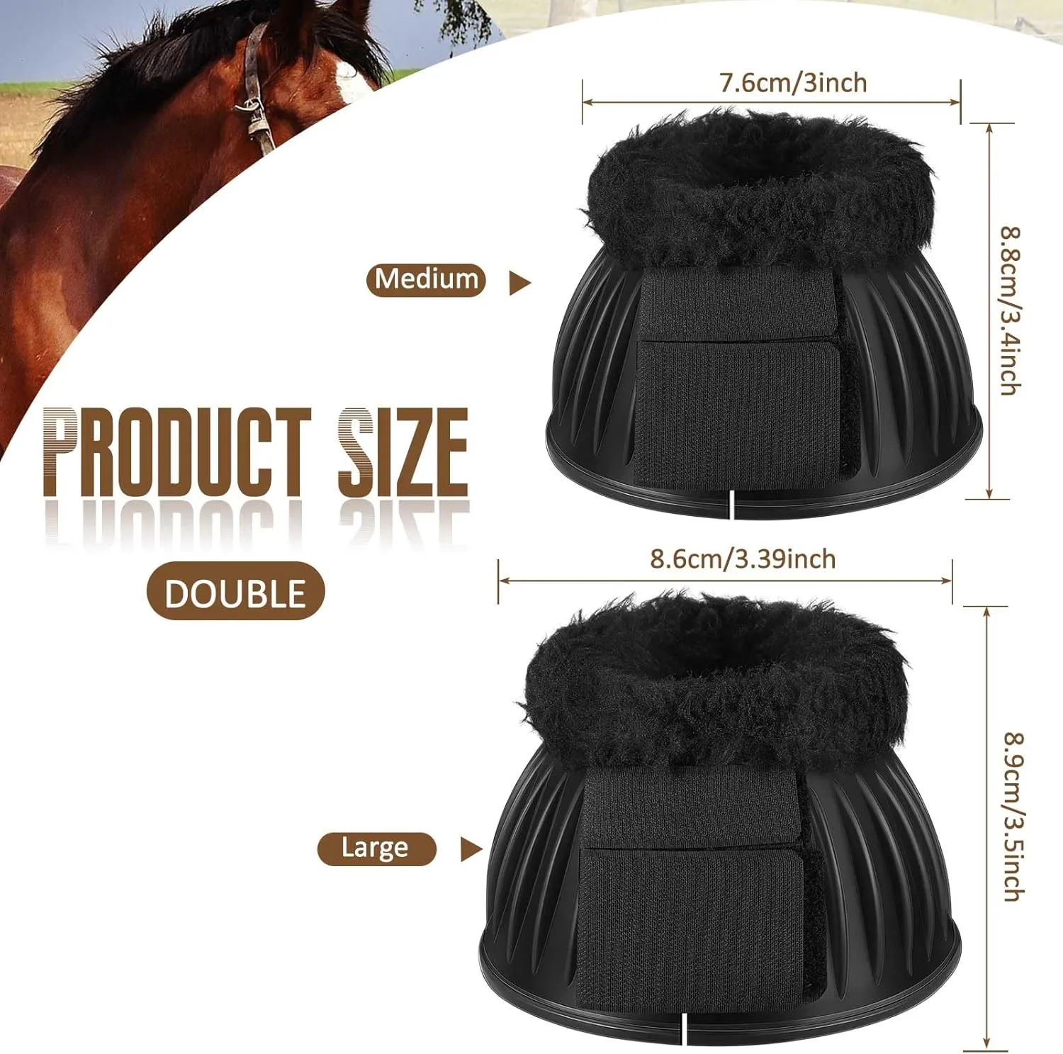 Abbylike 1 Pair Horse Bell Boots Protect Against Hoof Impact Trauma Rubber Bell Boots Black Horse Care for Turnout No Rub Design Comfort Quick Wrap Hook and Loop(Fluffy,M)