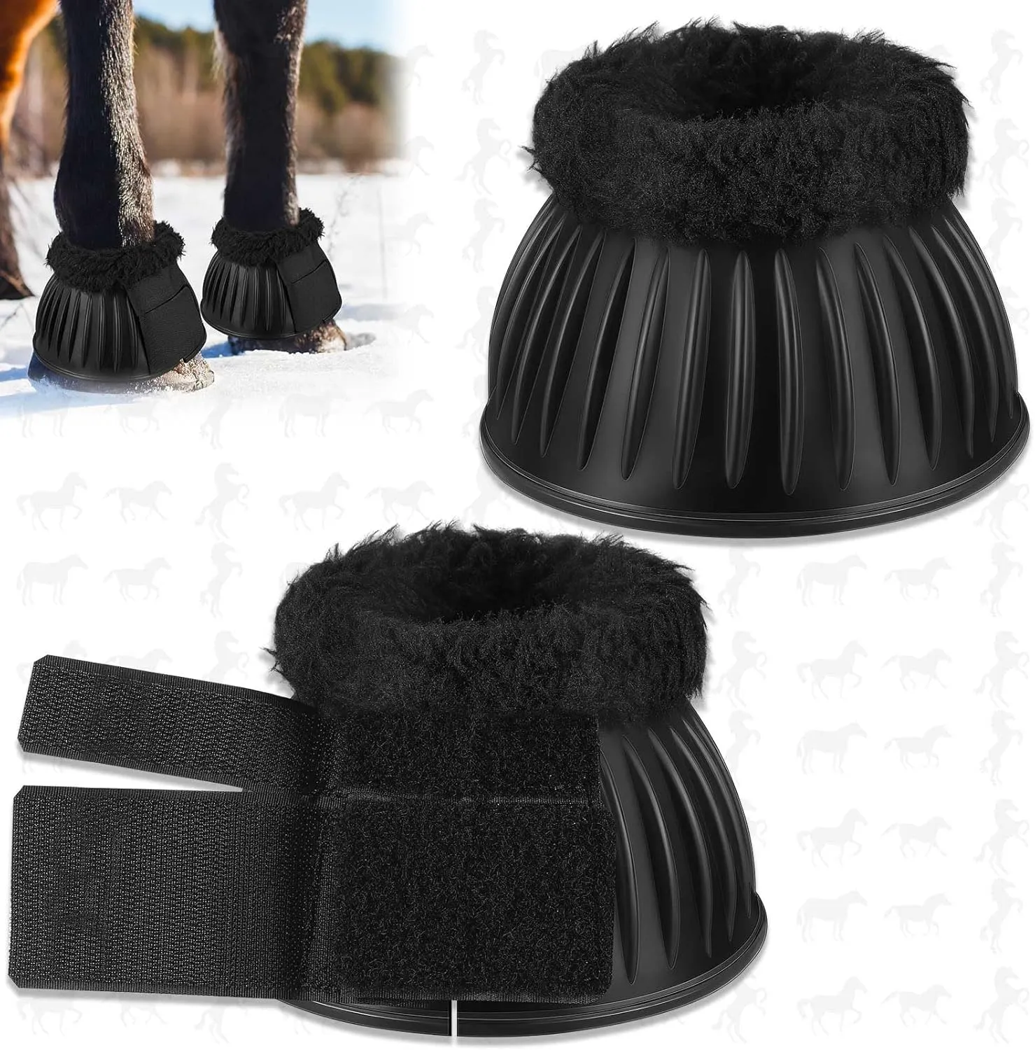 Abbylike 1 Pair Horse Bell Boots Protect Against Hoof Impact Trauma Rubber Bell Boots Black Horse Care for Turnout No Rub Design Comfort Quick Wrap Hook and Loop(Fluffy,M)