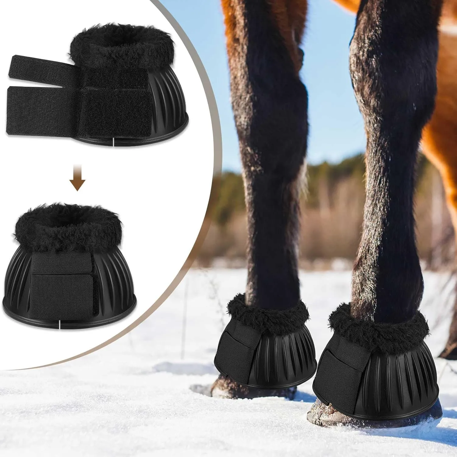 Abbylike 1 Pair Horse Bell Boots Protect Against Hoof Impact Trauma Rubber Bell Boots Black Horse Care for Turnout No Rub Design Comfort Quick Wrap Hook and Loop(Fluffy,M)