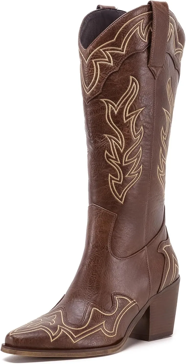 ADAMUMU Womens Wide Calf Cowboy Boots Classic Western-Style Cowboys Boots for Women Pointed Toe Womens Cowgirl Boots with Chunky Heel Non-Slip Sole for Adding Timeless Elegance to Your Wardrobe