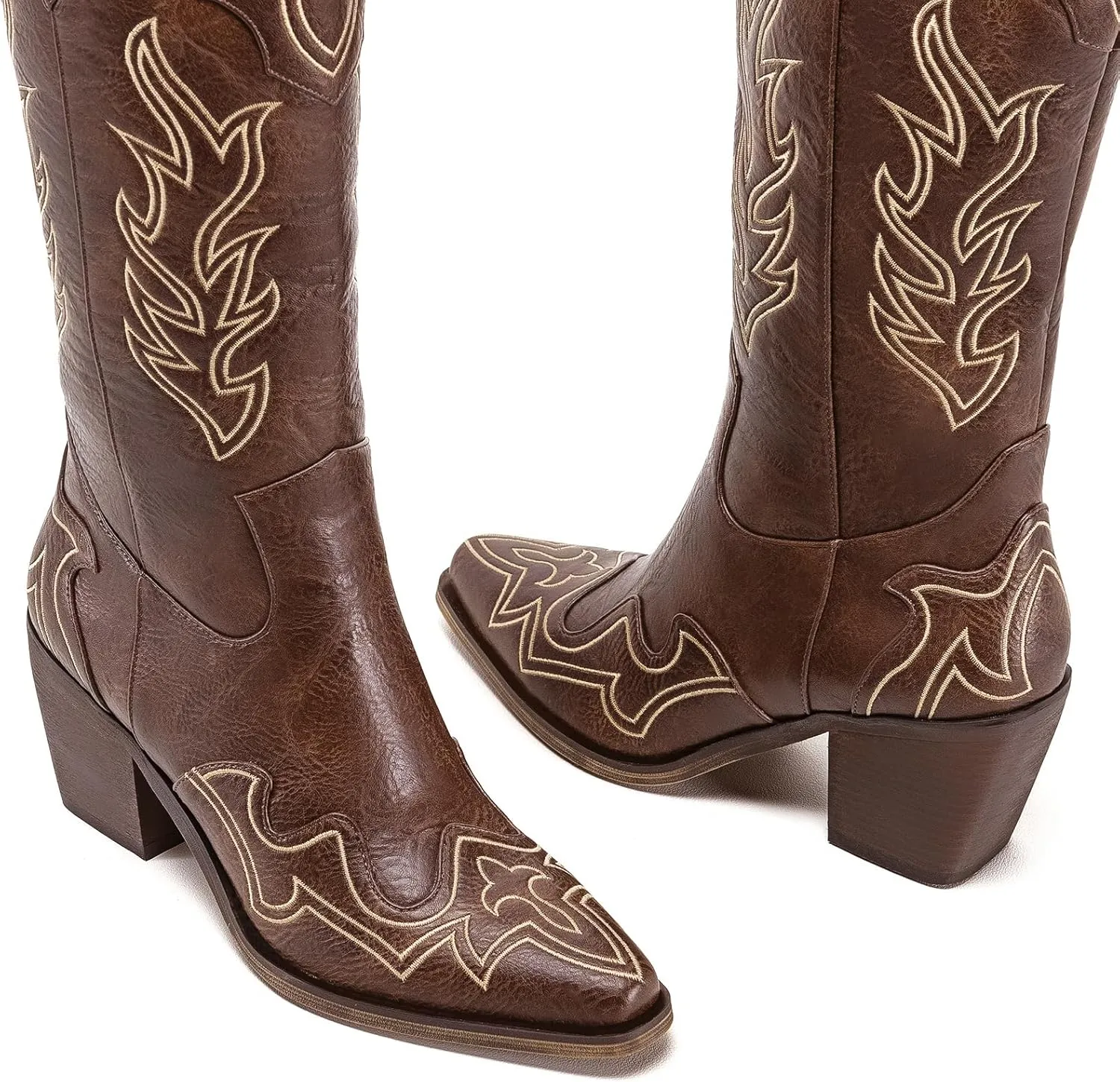 ADAMUMU Womens Wide Calf Cowboy Boots Classic Western-Style Cowboys Boots for Women Pointed Toe Womens Cowgirl Boots with Chunky Heel Non-Slip Sole for Adding Timeless Elegance to Your Wardrobe