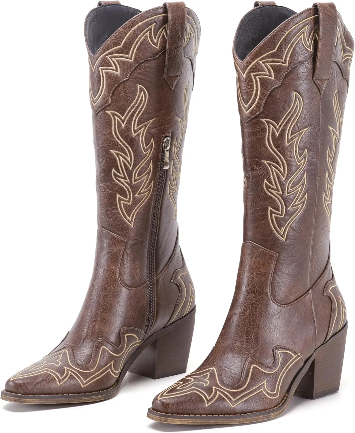 ADAMUMU Womens Wide Calf Cowboy Boots Classic Western-Style Cowboys Boots for Women Pointed Toe Womens Cowgirl Boots with Chunky Heel Non-Slip Sole for Adding Timeless Elegance to Your Wardrobe