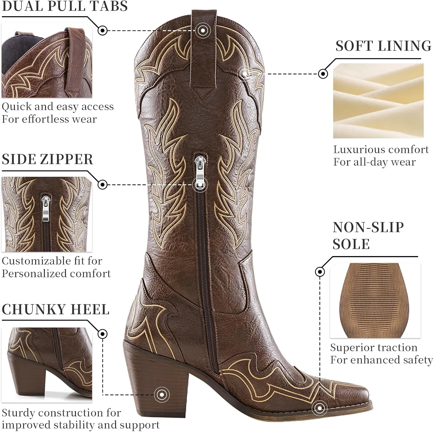 ADAMUMU Womens Wide Calf Cowboy Boots Classic Western-Style Cowboys Boots for Women Pointed Toe Womens Cowgirl Boots with Chunky Heel Non-Slip Sole for Adding Timeless Elegance to Your Wardrobe