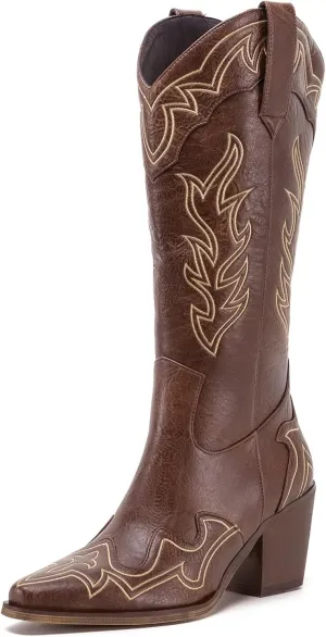 ADAMUMU Womens Wide Calf Cowboy Boots Classic Western-Style Cowboys Boots for Women Pointed Toe Womens Cowgirl Boots with Chunky Heel Non-Slip Sole for Adding Timeless Elegance to Your Wardrobe