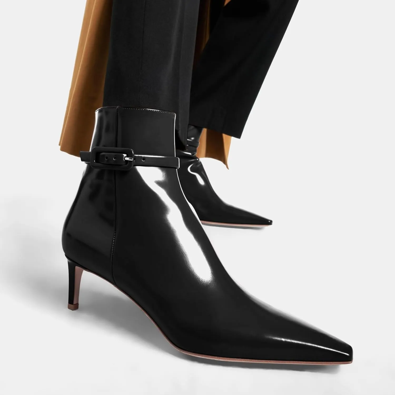 Adrizzlein Kitten Heel Booties for Women Sexy Pointed Toe Ankle Boots Patent Leather Booties Fall Winter Shoes With Zipper