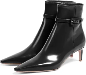 Adrizzlein Kitten Heel Booties for Women Sexy Pointed Toe Ankle Boots Patent Leather Booties Fall Winter Shoes With Zipper
