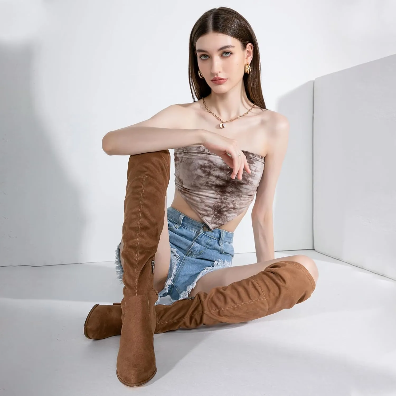 Adrizzlein Women's Over the Knee Boots Suede Thigh High Boots Chunky Block Heel Pointed Toe Stretch Wide Calf Long Slouch Fall Winter Dress Boots