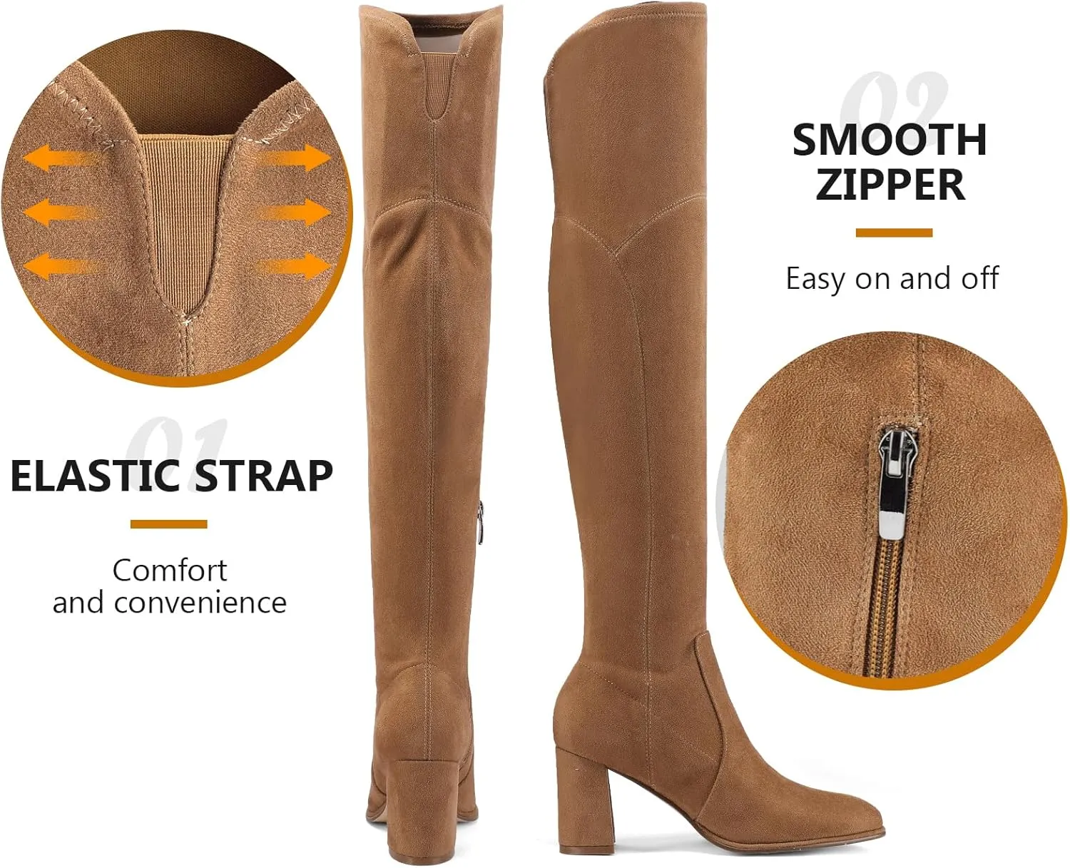 Adrizzlein Women's Over the Knee Boots Suede Thigh High Boots Chunky Block Heel Pointed Toe Stretch Wide Calf Long Slouch Fall Winter Dress Boots
