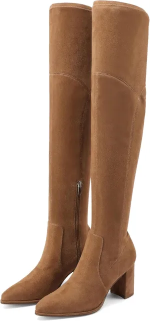 Adrizzlein Women's Over the Knee Boots Suede Thigh High Boots Chunky Block Heel Pointed Toe Stretch Wide Calf Long Slouch Fall Winter Dress Boots