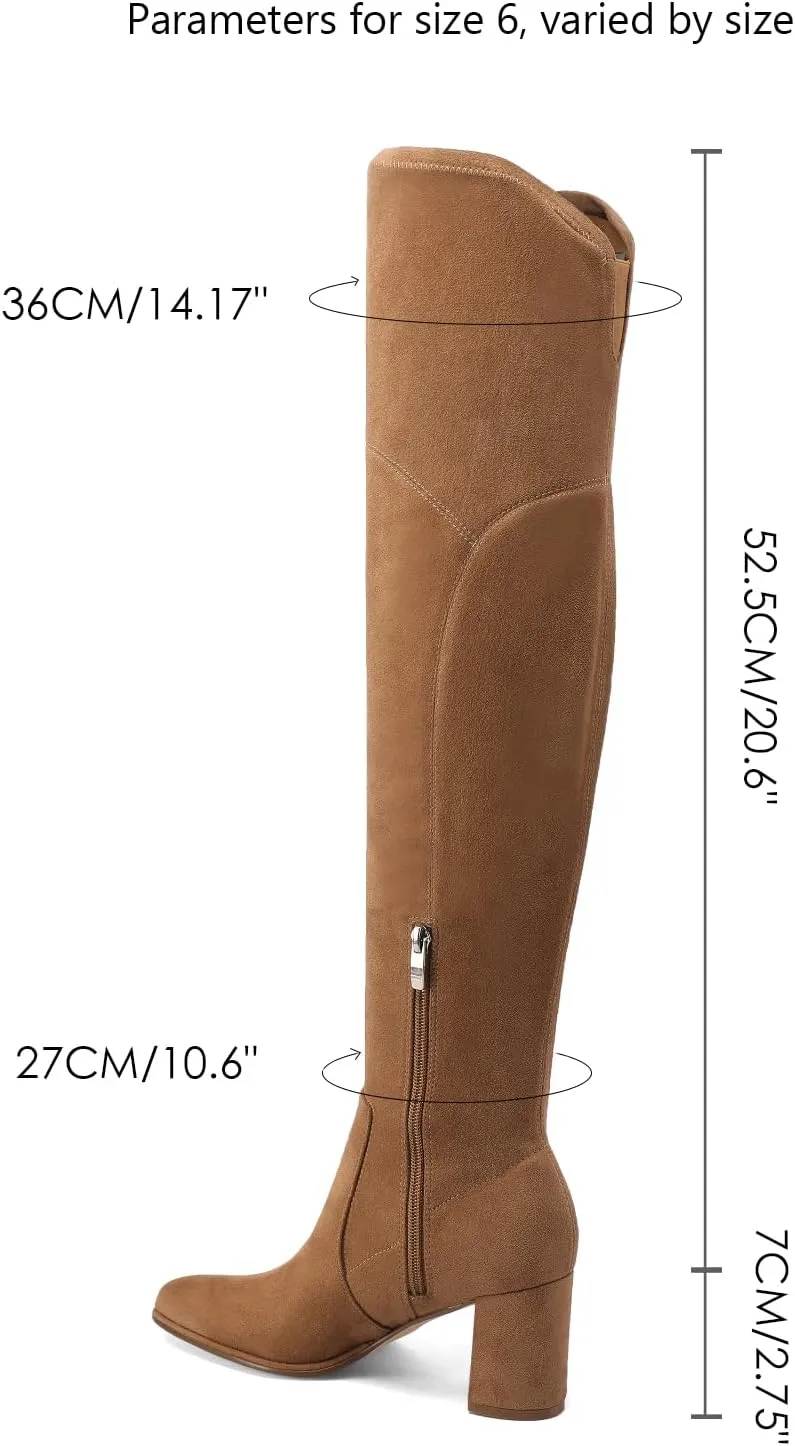 Adrizzlein Women's Over the Knee Boots Suede Thigh High Boots Chunky Block Heel Pointed Toe Stretch Wide Calf Long Slouch Fall Winter Dress Boots