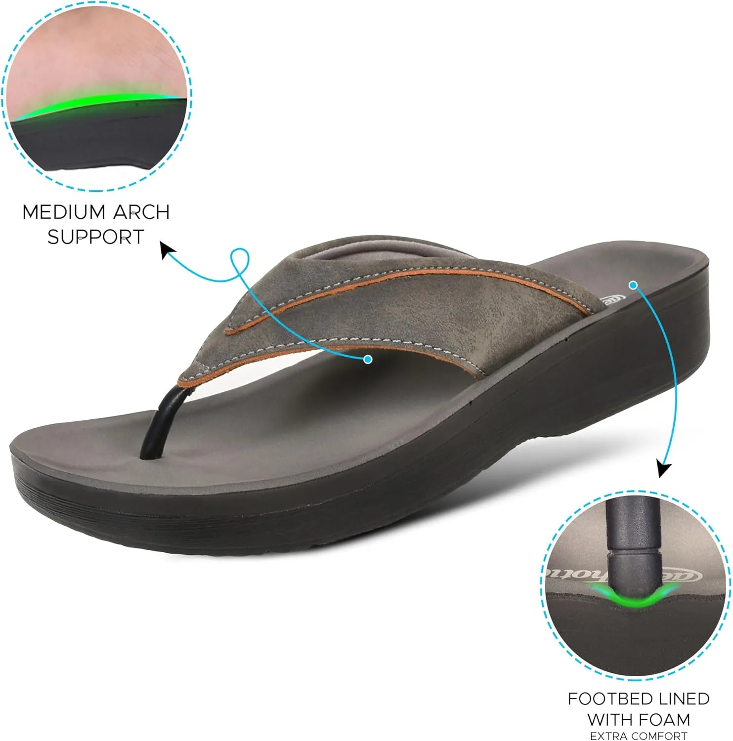 AEROTHOTIC Arch Support Flip Flops for Women Comfortable Cushioned Memory Foam Lined Footbed Outdoor Indoor Dressy Beach Walking Thong Soft Padded Strappy Sandals