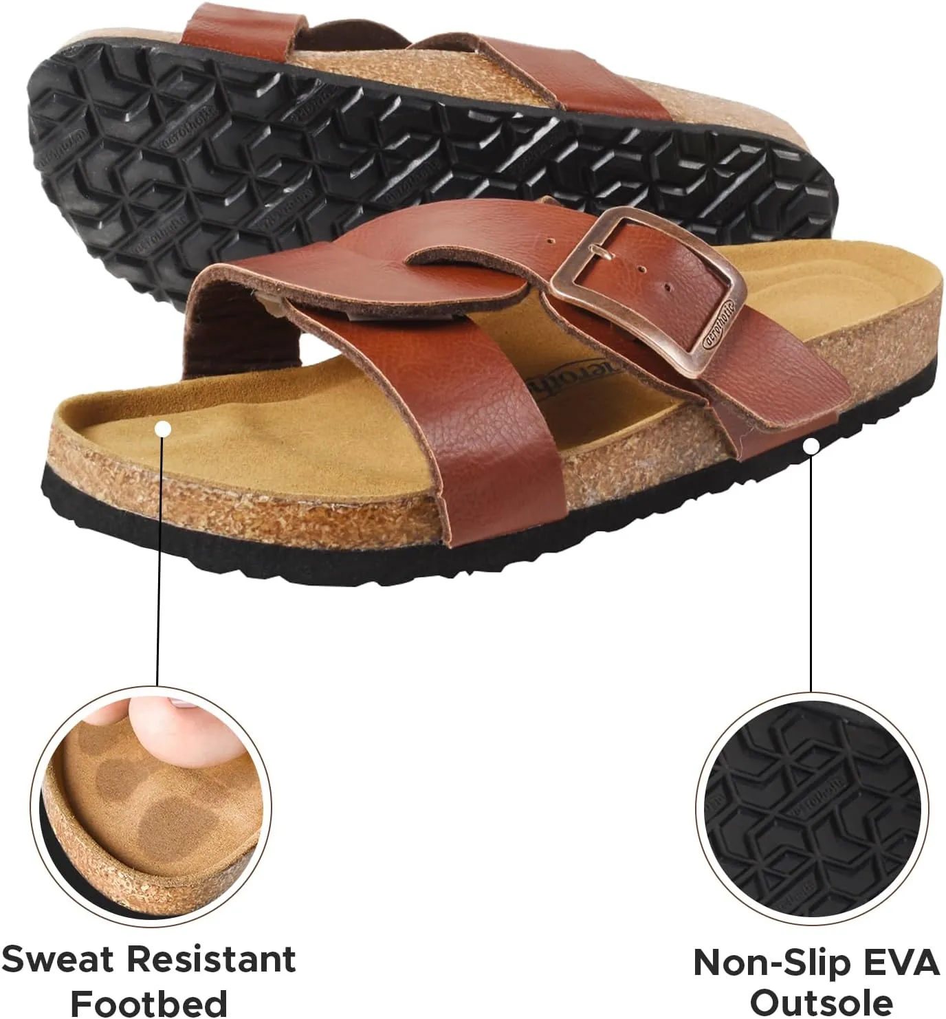 AEROTHOTIC Cork Recovery Slides for Women with Plantar Fasciitis Relief Comfortable Suede Footbed with Adjustable Buckle Cross Strappy Slip on Casual Travel Walking Beach Ladies Sandals