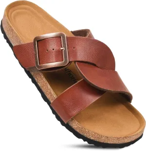 AEROTHOTIC Cork Recovery Slides for Women with Plantar Fasciitis Relief Comfortable Suede Footbed with Adjustable Buckle Cross Strappy Slip on Casual Travel Walking Beach Ladies Sandals