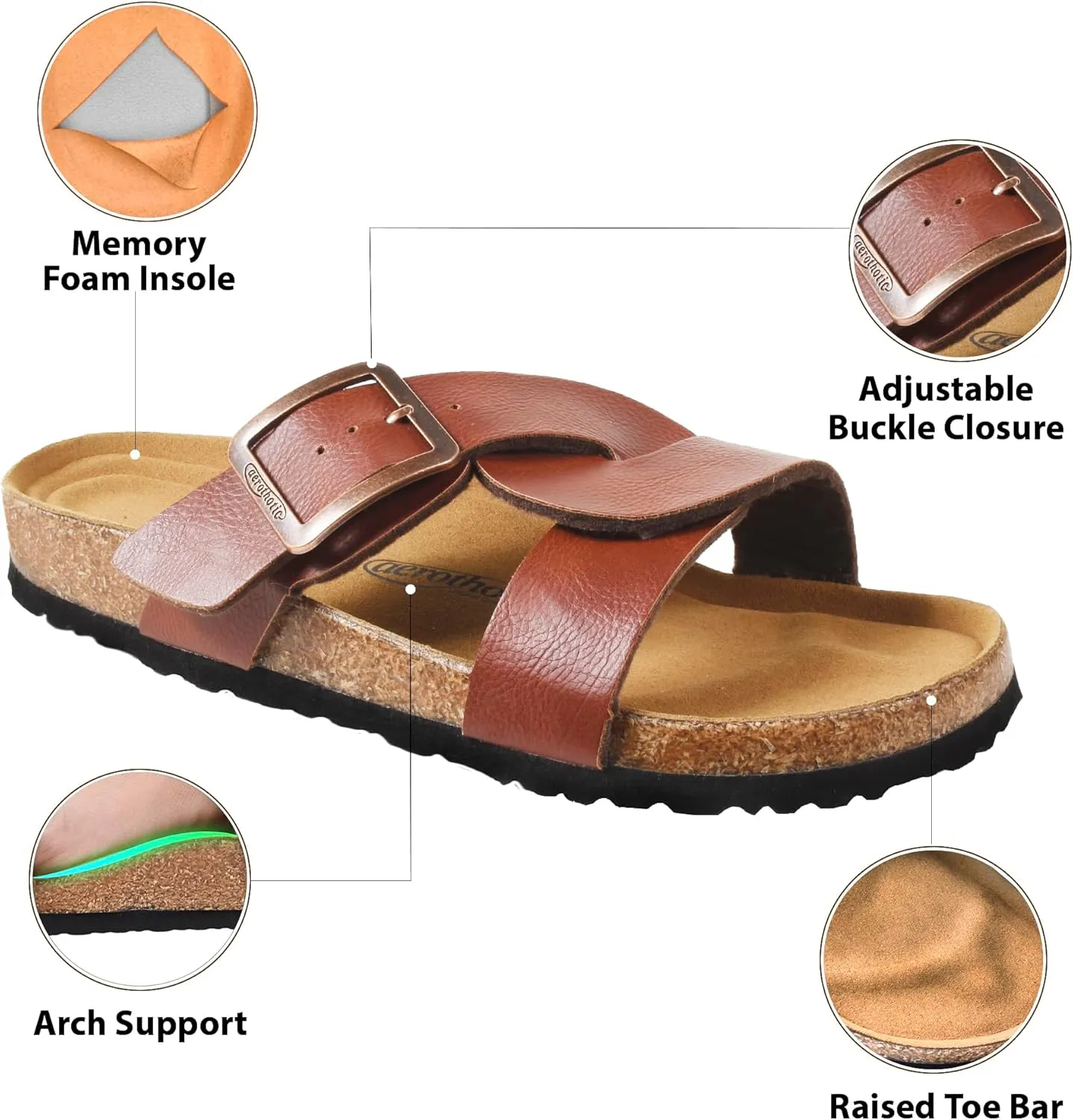 AEROTHOTIC Cork Recovery Slides for Women with Plantar Fasciitis Relief Comfortable Suede Footbed with Adjustable Buckle Cross Strappy Slip on Casual Travel Walking Beach Ladies Sandals
