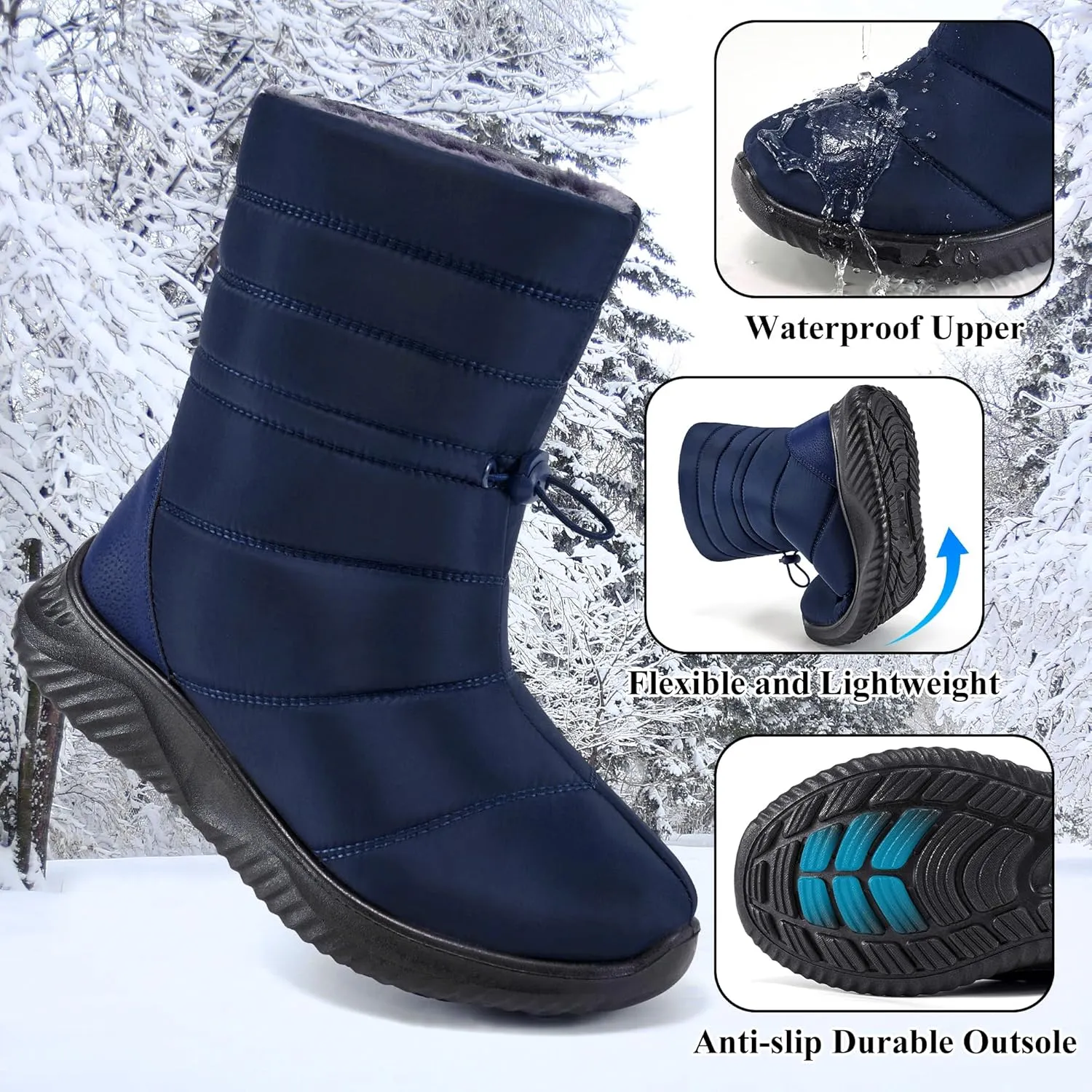 Alicegana Womens Winter Snow Boots Waterproof Warm Fur Lined Shoes Mid Calf Slip on Comfortable Booties Non Slip Boot for Women