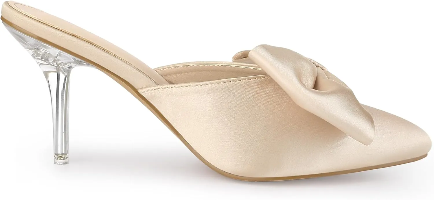 Allegra K Women's Bow Heels Satin Pointed Toe Stiletto Heels Mules