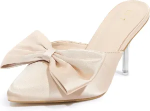 Allegra K Women's Bow Heels Satin Pointed Toe Stiletto Heels Mules