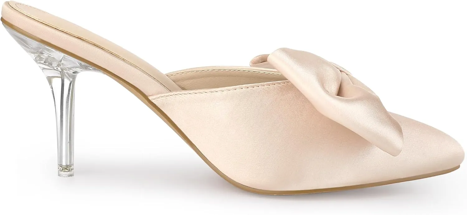 Allegra K Women's Bow Heels Satin Pointed Toe Stiletto Heels Mules