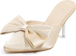 Allegra K Women's Bow Heels Satin Pointed Toe Stiletto Heels Mules