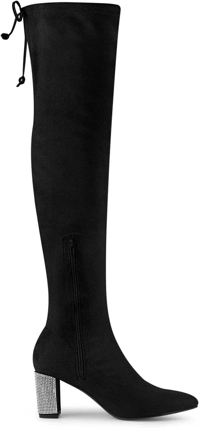Allegra K Women's Chunky Heels Bling Rhinestone Over the Knee High Boots