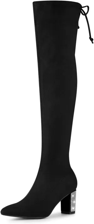 Allegra K Women's Chunky Heels Bling Rhinestone Over the Knee High Boots